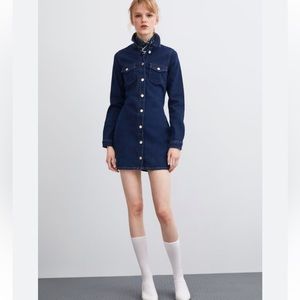 Zara TRF Denim Mini Dress Button Down Long Sleeve Stretch Dark Blue Size M